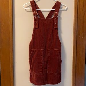 dark red-orange overall dress, forever 21
